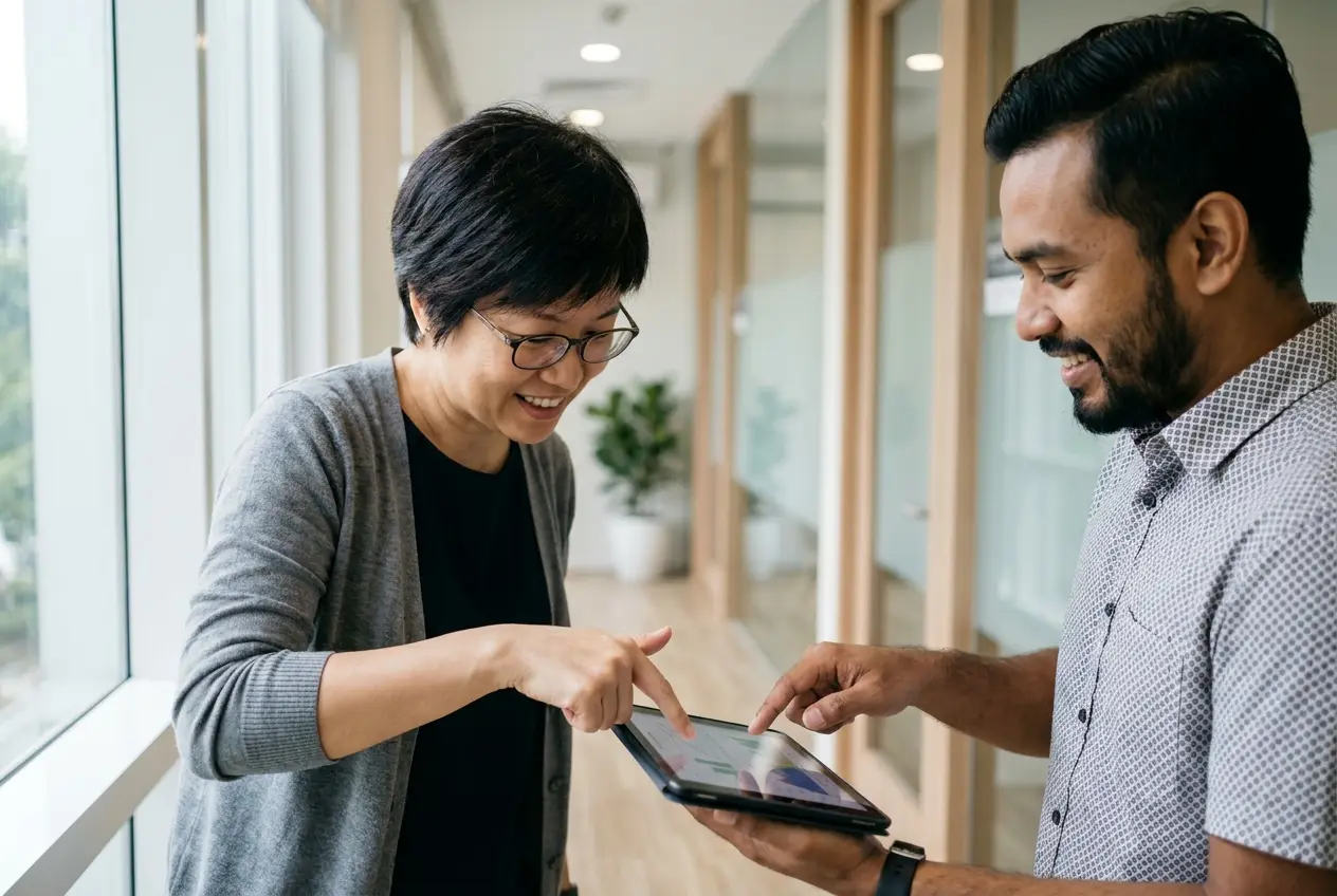 Two clinicians reviewing assessment results together on a tablet