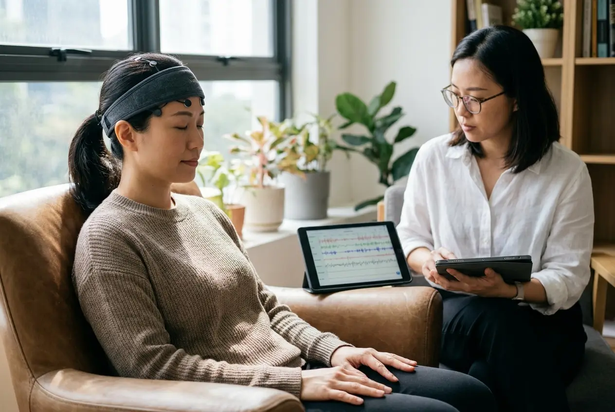 A woman relaxing in an armchair wearing an EEG headband while a clinician watches her brainwaves on a tablet