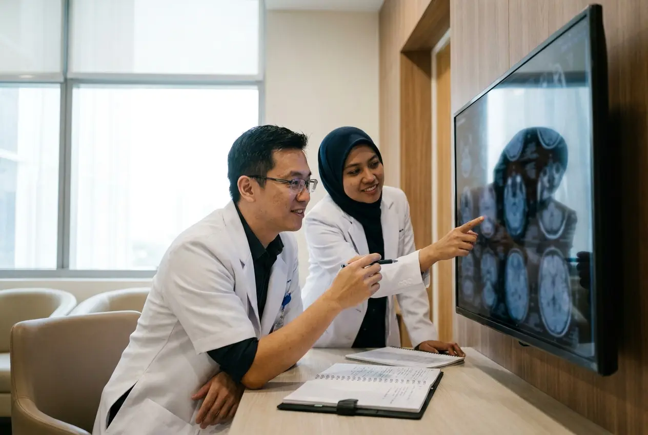 Two doctors discussing brain scans on a large screen