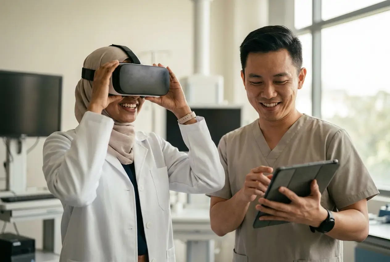 A clinician trying a virtual reality headset while a colleague holds a tablet